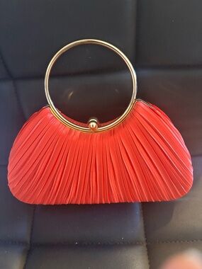 Red Pleated Evening Clutch with Gold Ring Handle